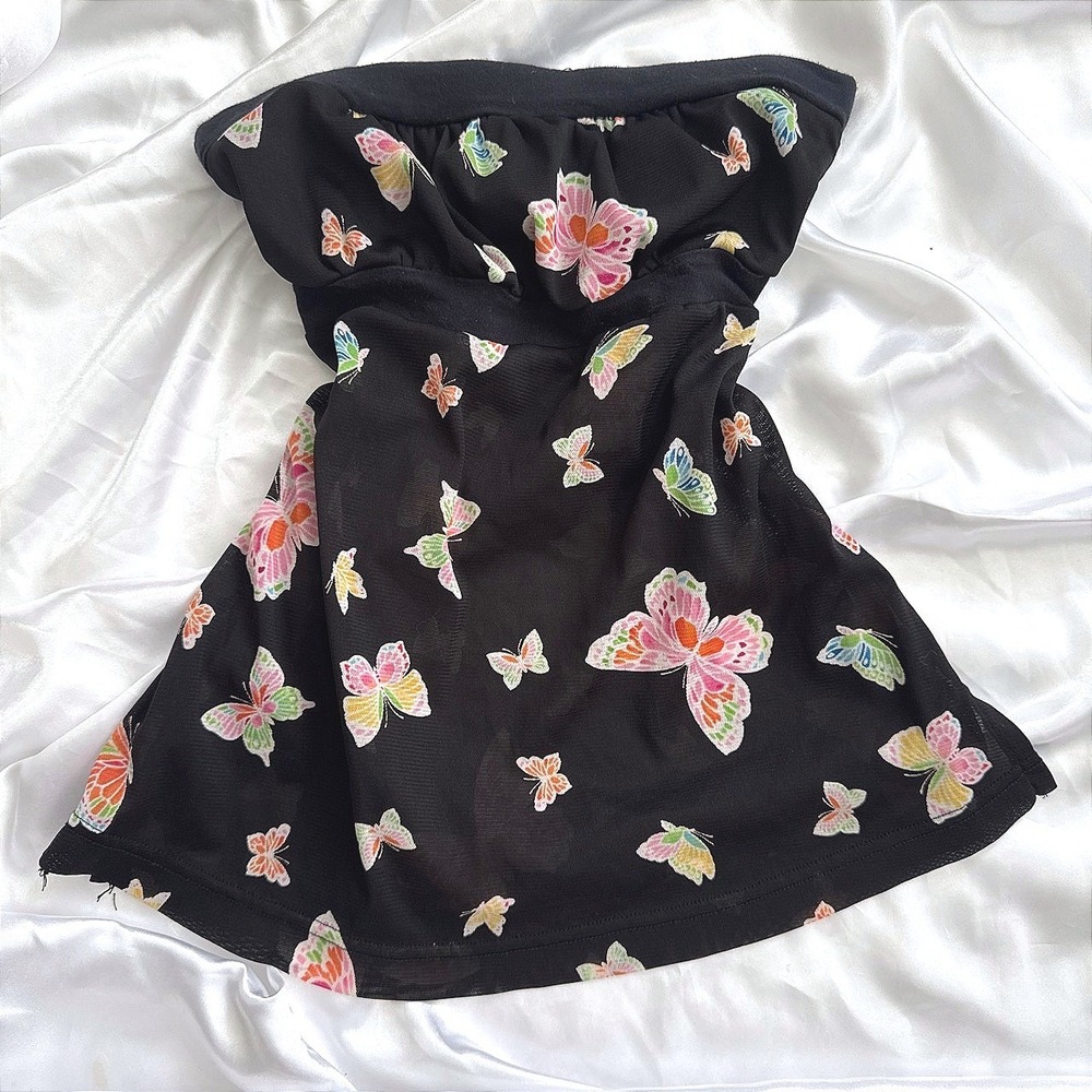Self Esteem Butterfly Print Mesh Tube Top Black Multi Y2K Strapless Small